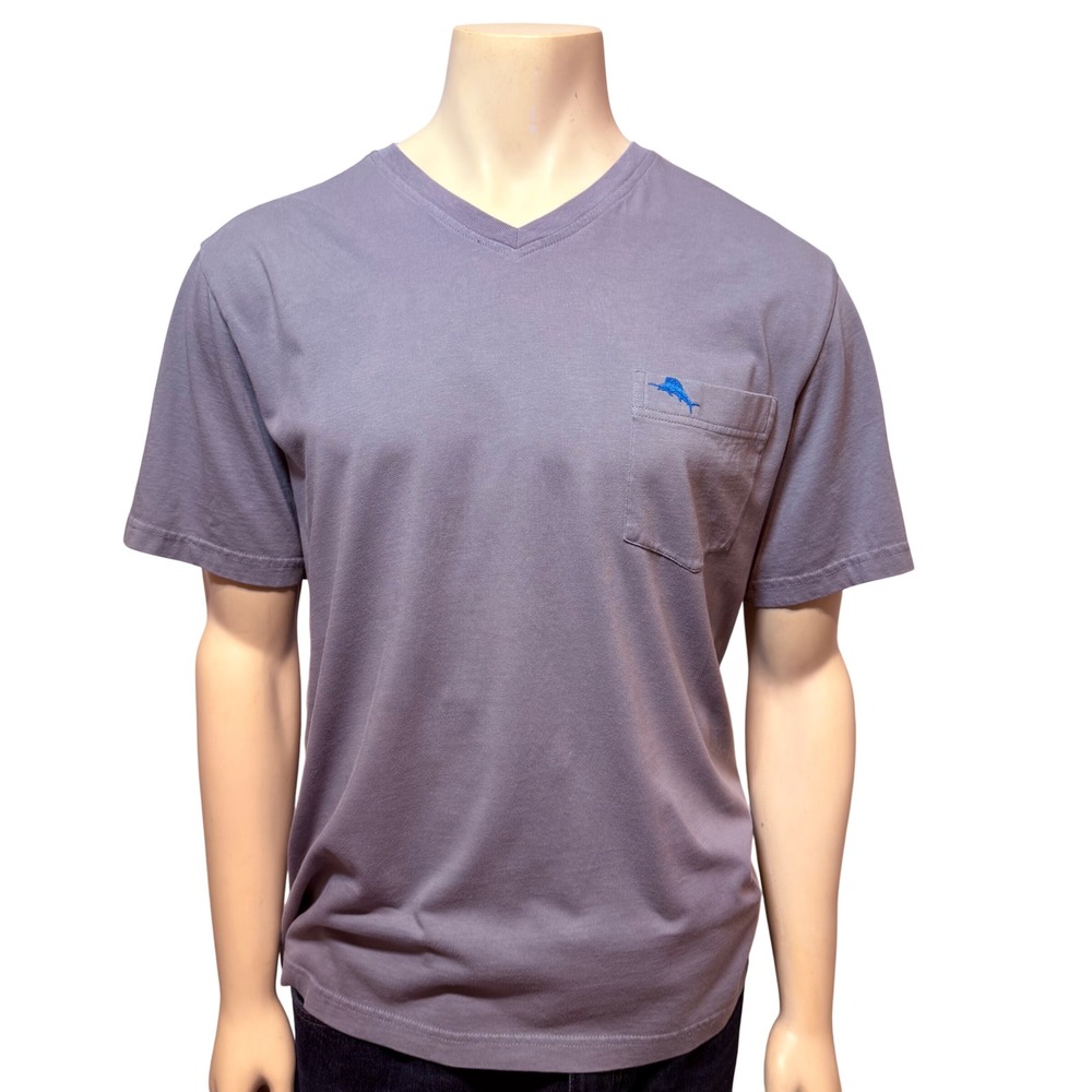 Tommy Bahama Mens XL V-Neck Pocket T-Shirt Grey Purple Marlin‎ Logo Short Sleeve